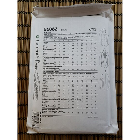 Misses Jacket Sewing Pattern Butterick B6862, Classic Blazer Structured Coat - Picture 3 of 5